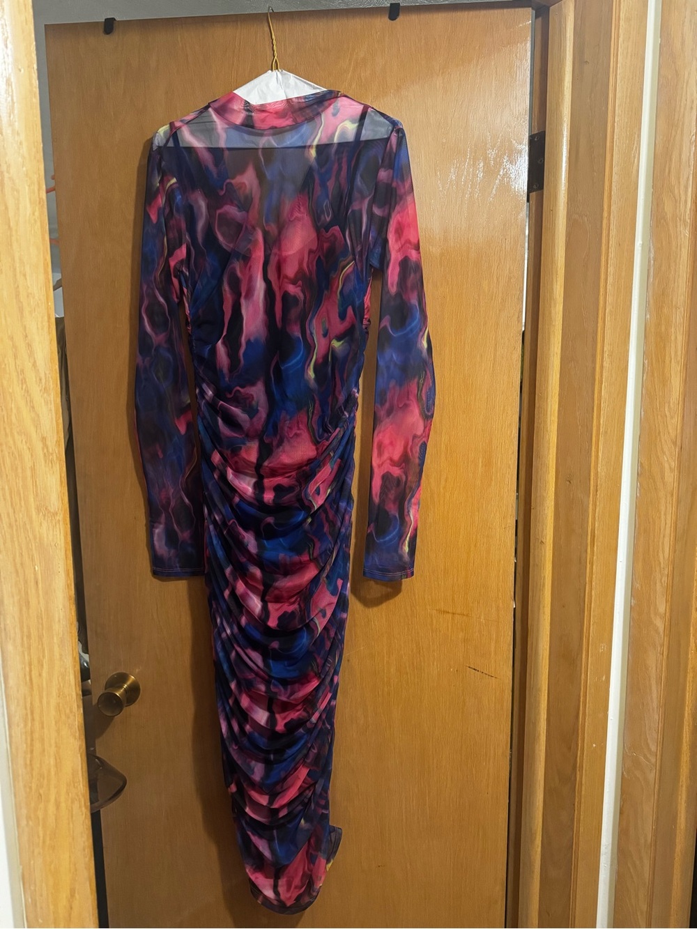 Women's Long Sleeve Ruched Bodycon Dress in Pink & Blue
